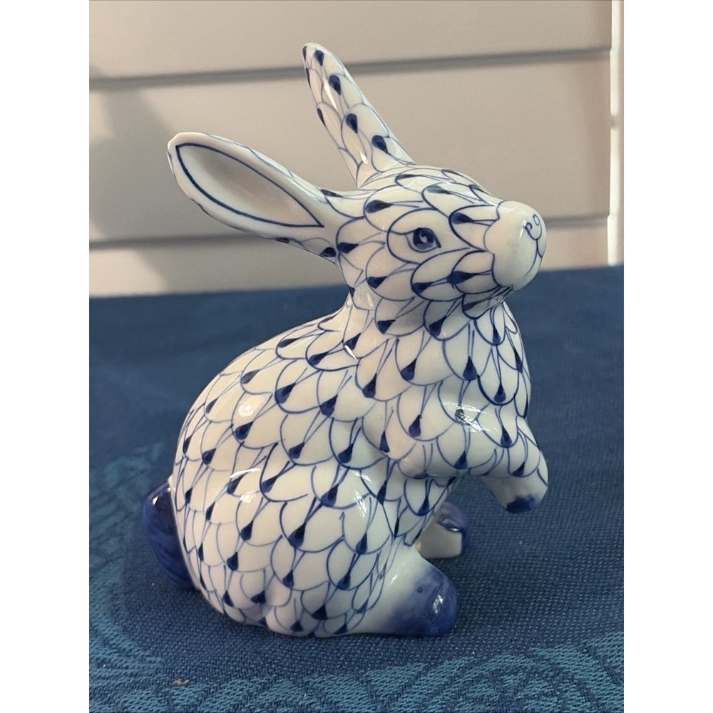 VTG Andrea by Sadek Blue Fishnet Bunny Rabbit Figurine Hand Painted Porcelain
